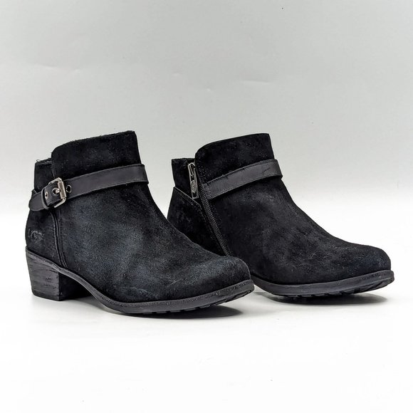UGG Women Bellame Black Distressed Suede Zip Buckle Ankle Boots size 7 - Picture 1 of 12
